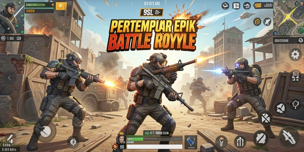 Screenshot 9SL menunjukkan aksi pertempuran intens di medan Battle Royale.