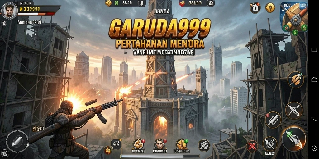 Tampilan gameplay menara pertahanan yang menegangkan di GARUDA999.