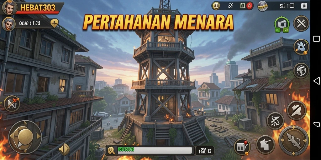 Screenshot HEBAT303 menunjukkan gameplay menara pertahanan yang intens dan strategis.