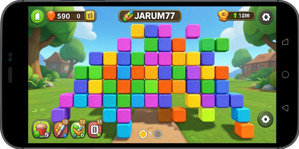 Tampilan gameplay menarik dari JARUM77 dengan batu warna yang berwarna-warni.