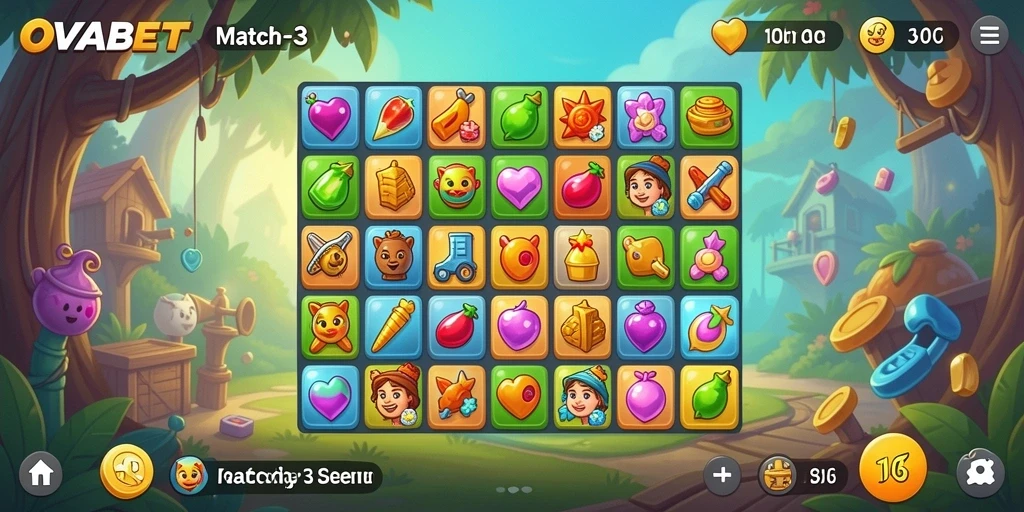 Screenshot utama OVABET menampilkan gameplay Match-3 yang mengasyikkan.