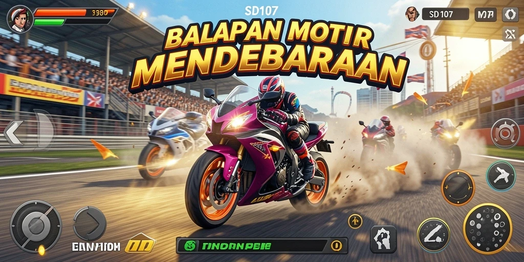 Screenshot gameplay <strong>SD107</strong> menampilkan balapan motor yang intens dan mendebarkan.